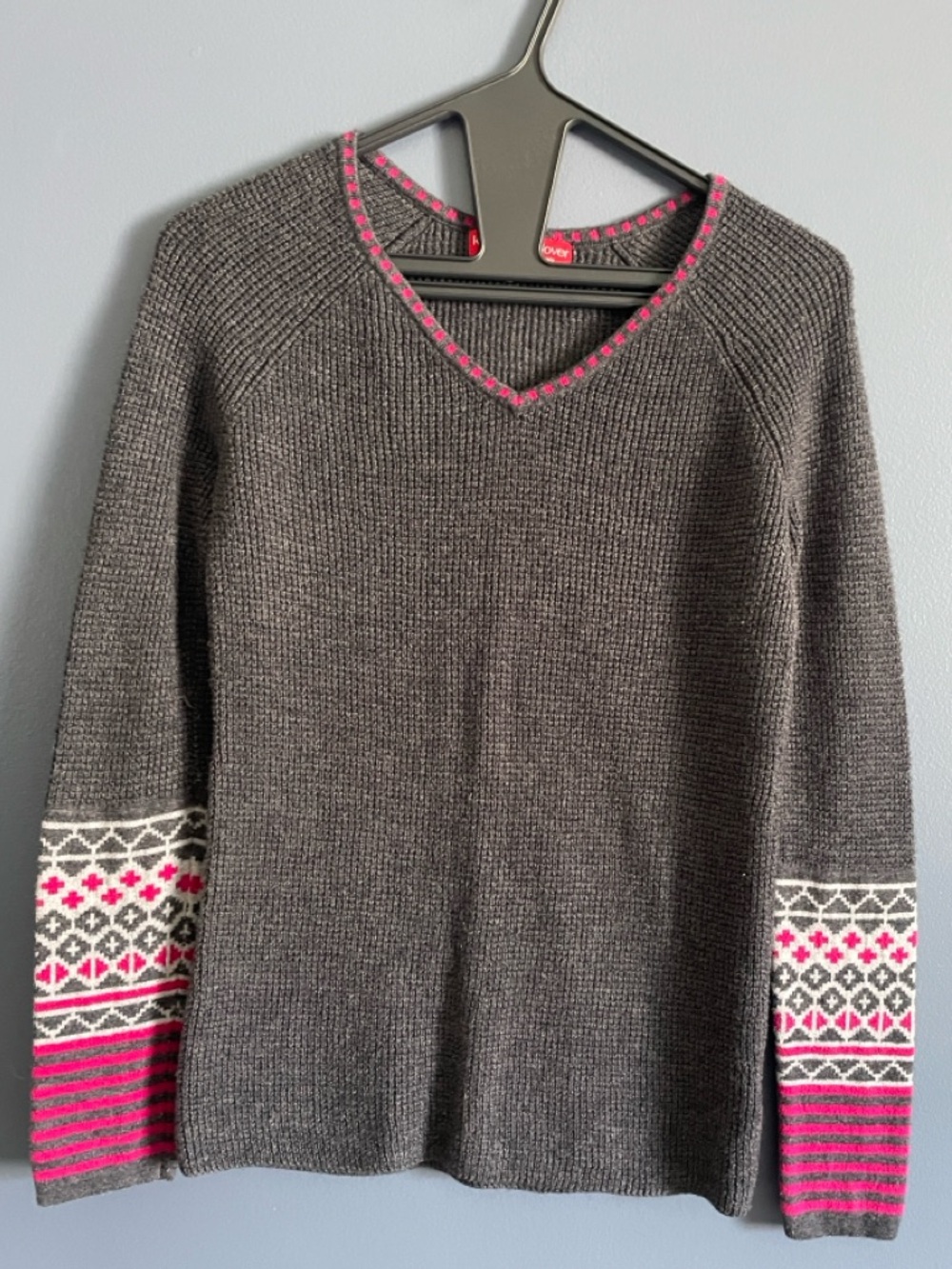 Krimson Klover Gray V-Neck Sweater with Pink Contrast Trim